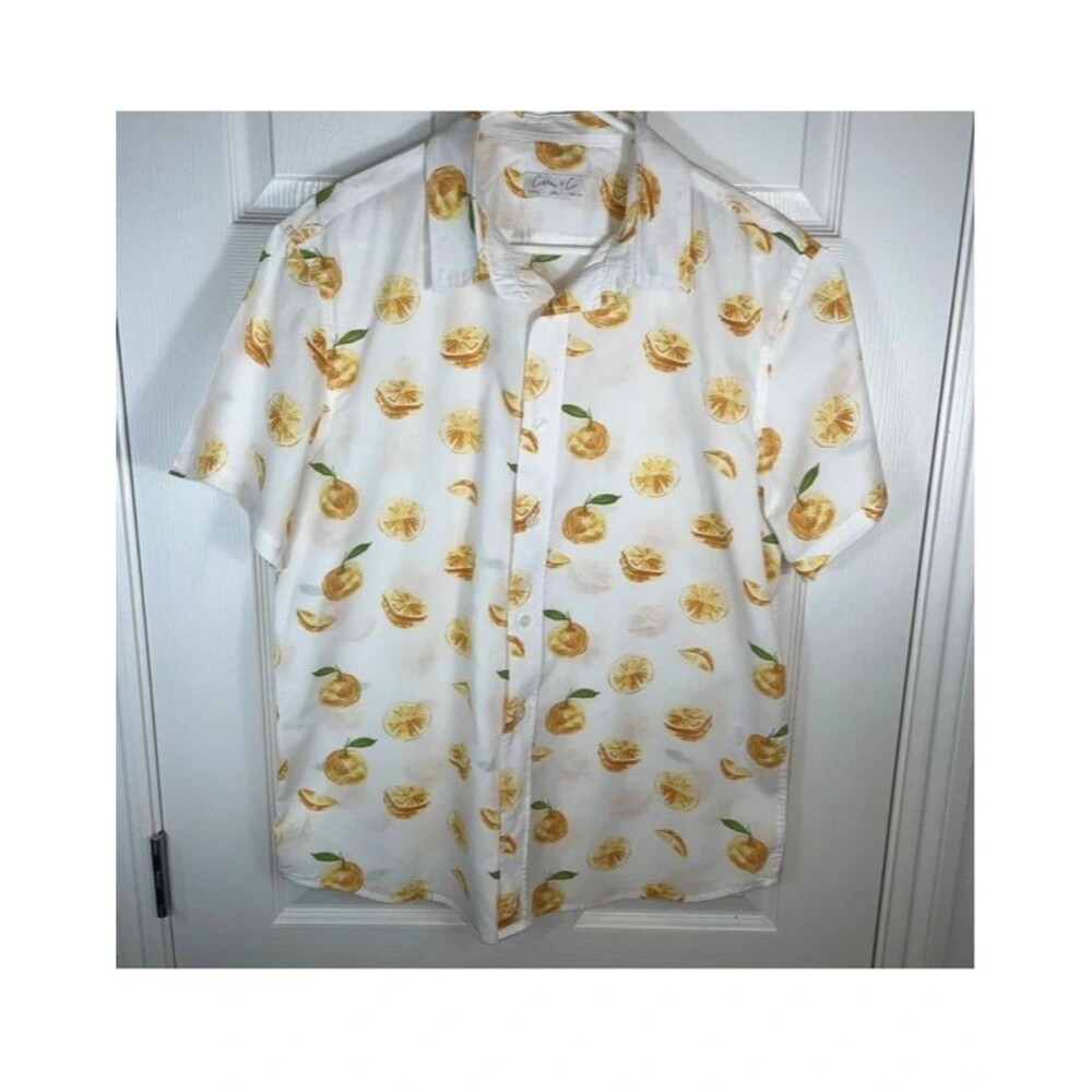 Cotton & Co Button Up Collard Shirt White with Oranges Men Size Large